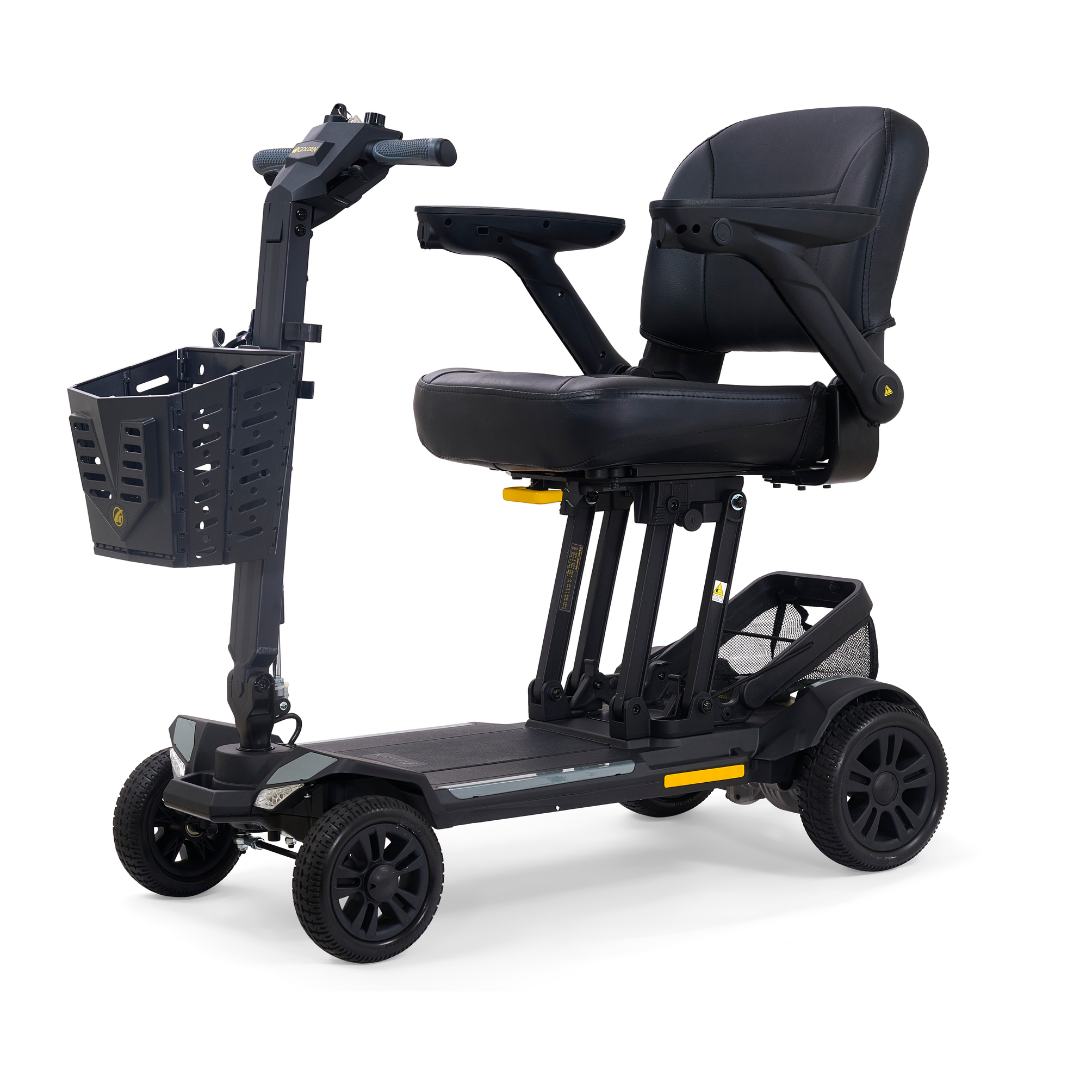 The Golden Buzzaround GB220 CarryOn HD Travel Scooter is a modern, black, four-wheel scooter with a front basket, padded seat with armrests, elevated seating above the base, and a sturdy yet compact design supporting up to 400 lbs.